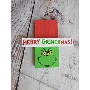 Handmade Merry Grinchmas Handpainted Wooden Grinch Ornament